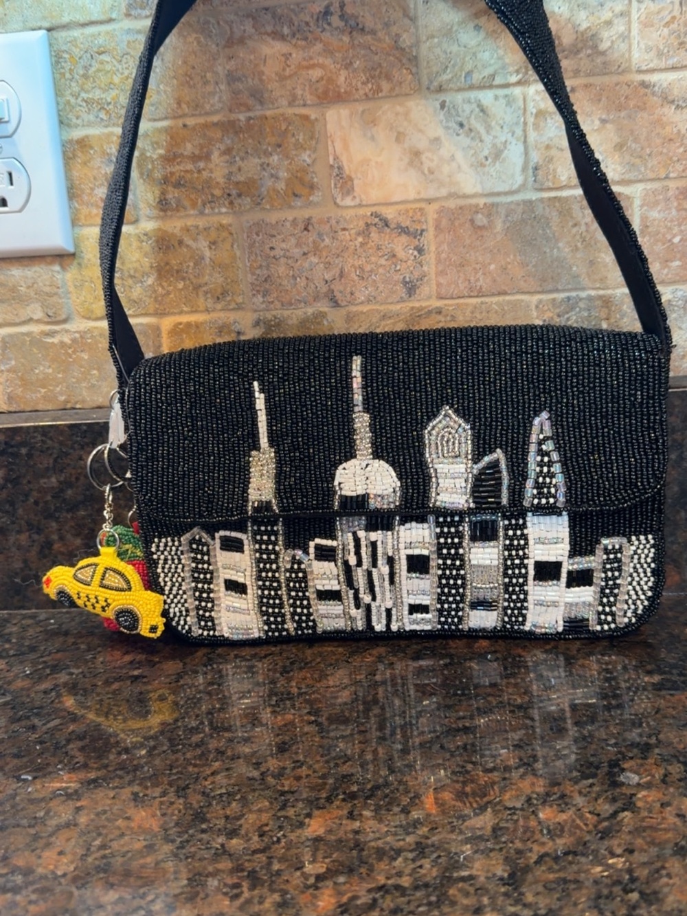 Hand-Beaded Black Cityscape Shoulder Bag with Taxi and Apple Charm